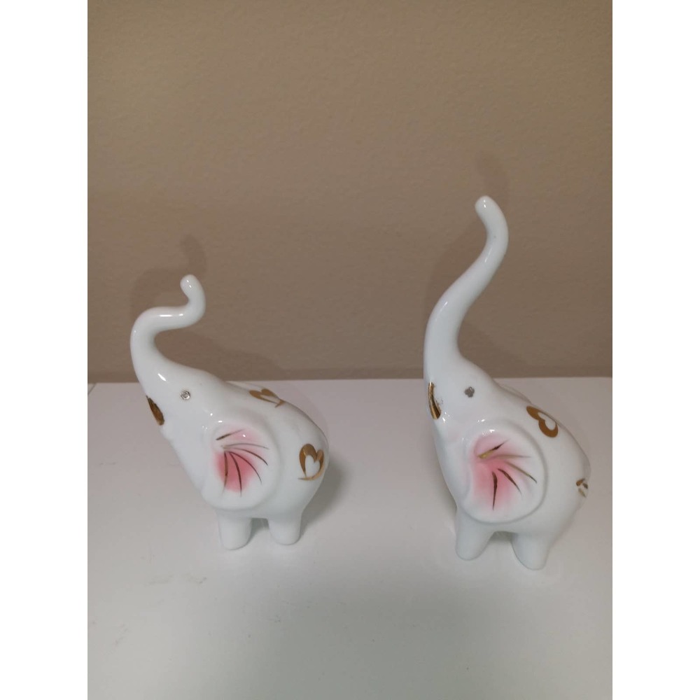 Set of 2 White Elephant with Goldtone Hearts and Sequined Eyes 3 and 4 inches